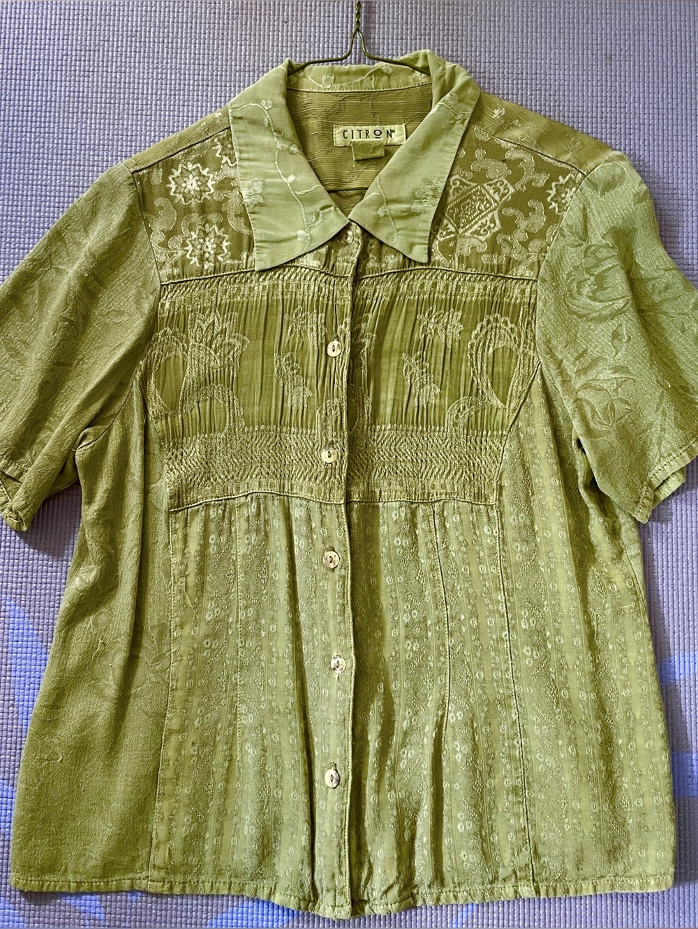 Citron Santa Monica Green Patchwork Jacquard Art-to-Wear Blouse